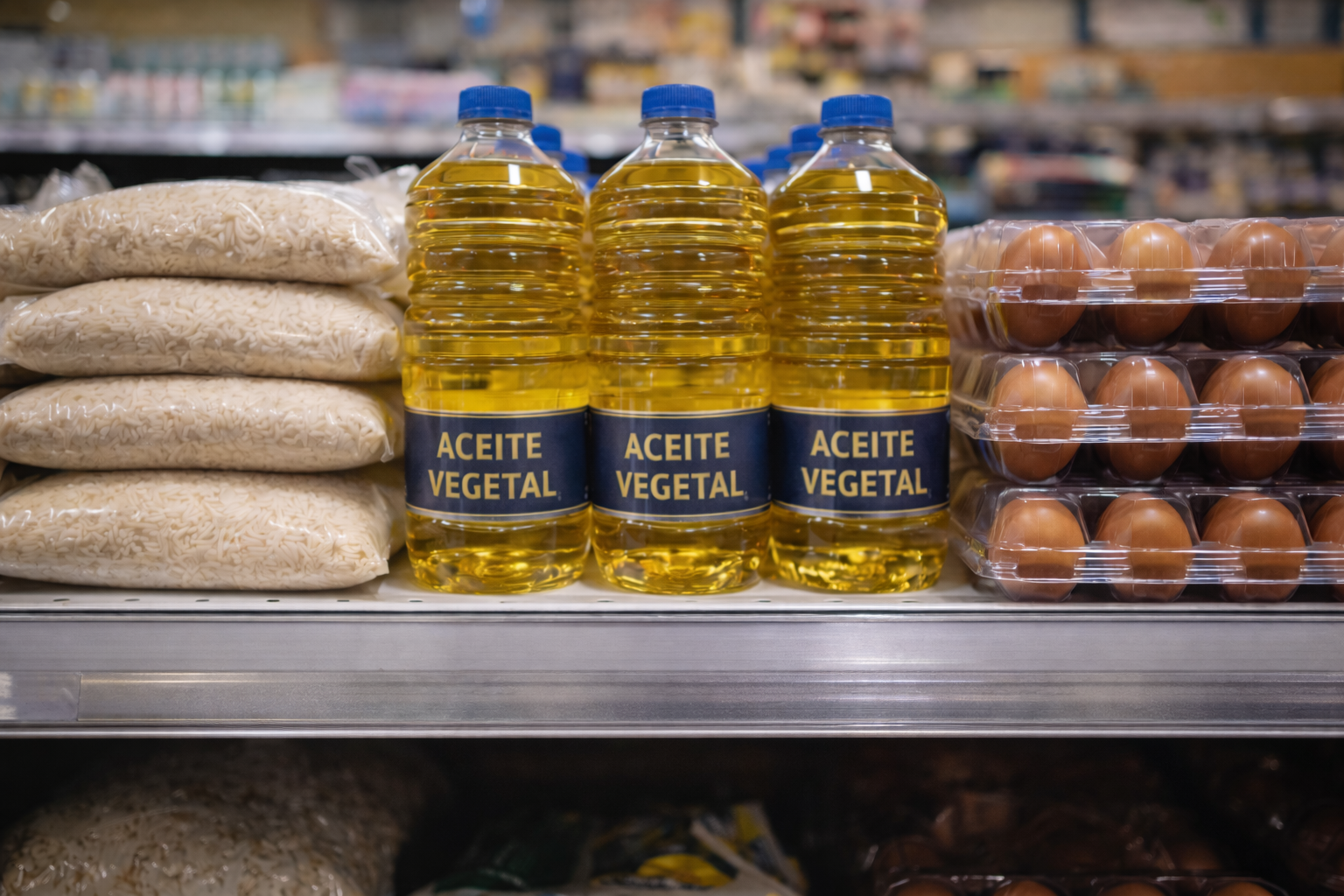 Arroz, aceite vegetal y huevos en supermercado de República Dominicana