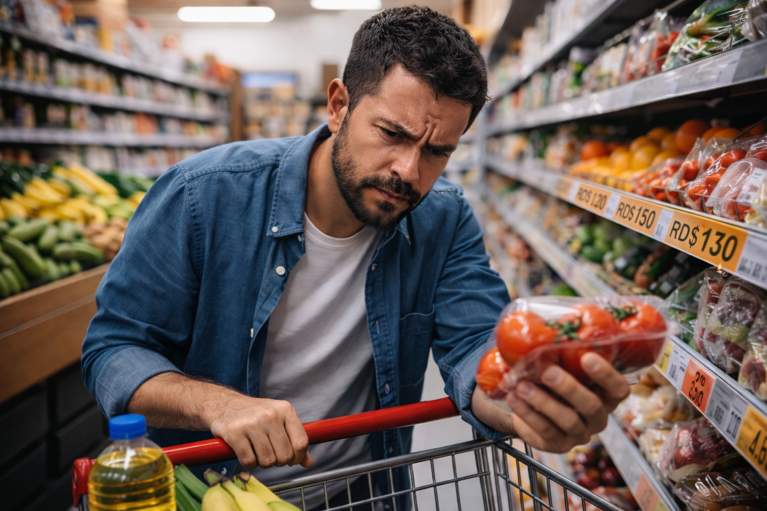 Hombre revisando precios de alimentos en supermercado en República Dominicana